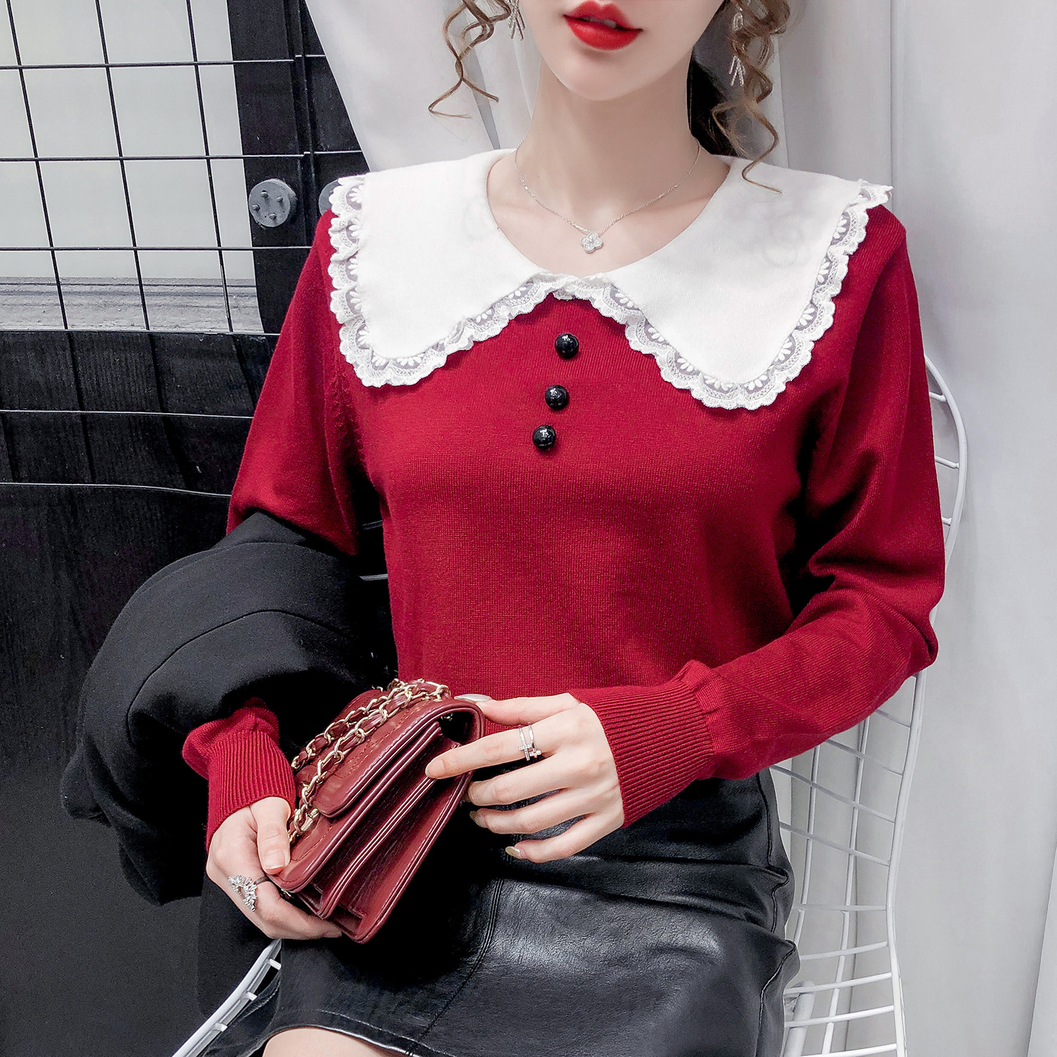 秋装2021年新款韩版百搭甜美娃娃领长袖毛衣显瘦洋气针织衫上衣女